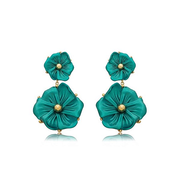 Brinco flores resina verde ouro semijoia