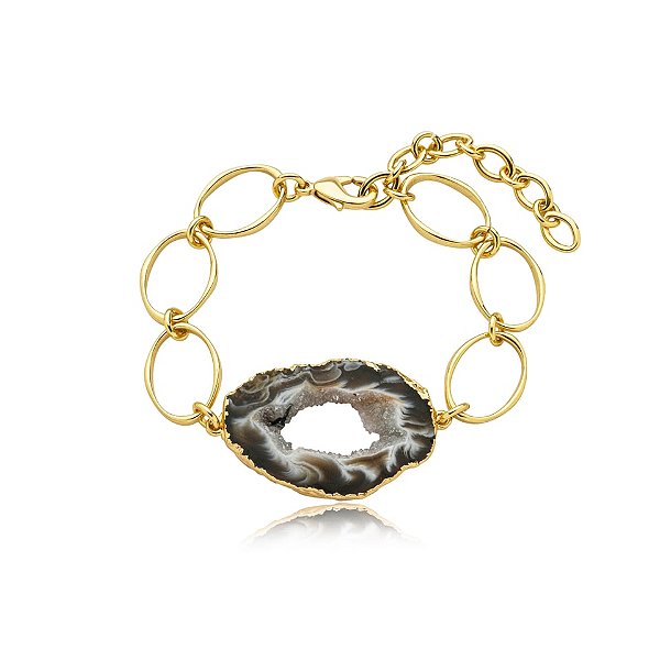 Pulseira elos pedra natural geodo ouro semijoia