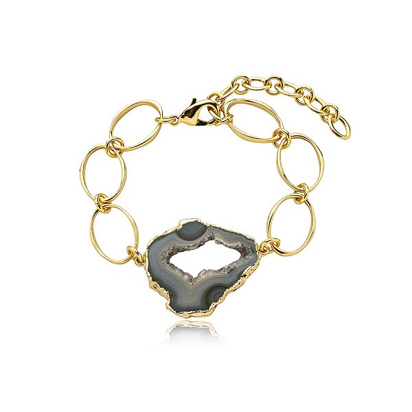 Pulseira elos pedra natural geodo ouro semijoia