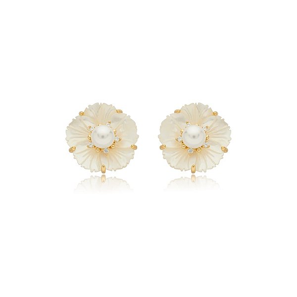 Brinco flor madrepérola zircônia ouro semijoia