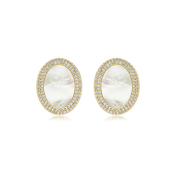 Brinco oval madrepérola zircônia ouro semijoia