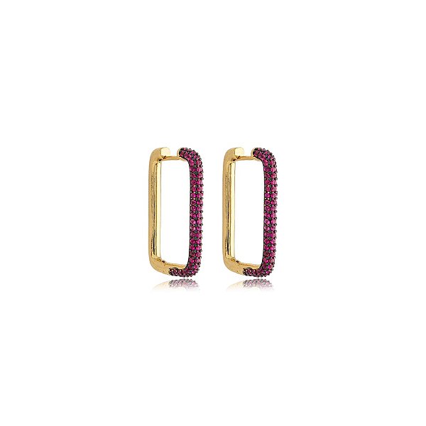 Brinco argolinha retangular zircônia pink ouro semijoia BA 5507
