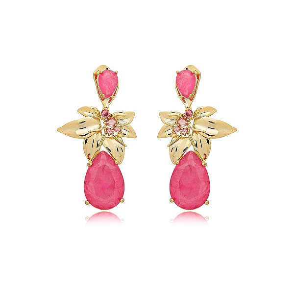 Brinco flor cristal fusion rosa ouro semijoia