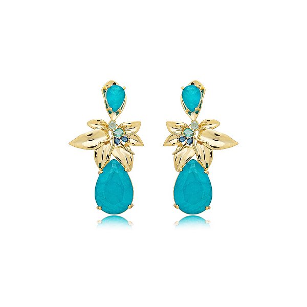 Brinco flor cristal fusion azul ouro semijoia
