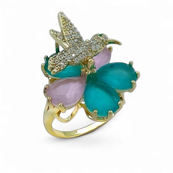 Anel beija flor cristais rosa e azul zircônia ouro semijoia