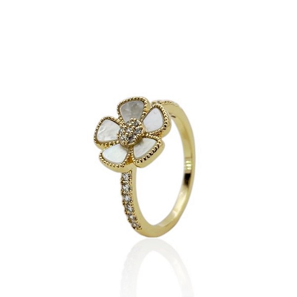 Anel flor madrepérola zircônia ouro semijoia
