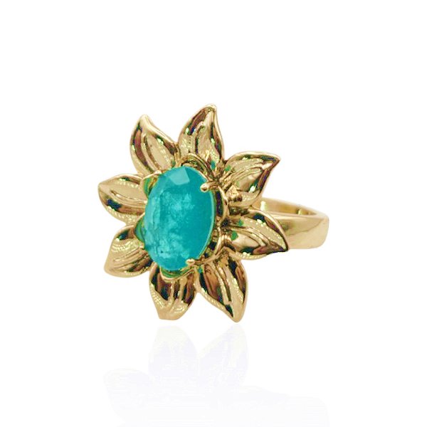 Anel flor cristal fusion azul ouro semijoia