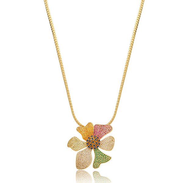 Colar flor zircônia colorida ouro semijoia