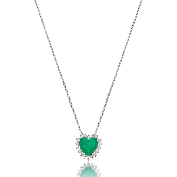 Colar coração zircônia esmeralda ródio semijoia 022705
