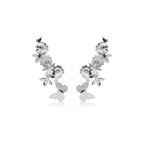 Brinco ear cuff flores borboletas ródio semijoia