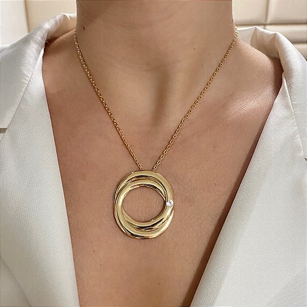 Colar corrente pingente elos zircônia ouro semijoia