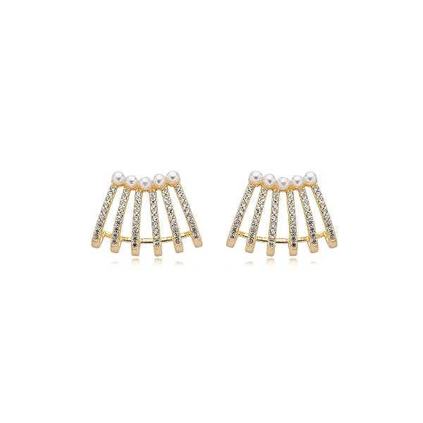 Brinco ear jacket aros pérola zircônia ouro semijoia 23A07005