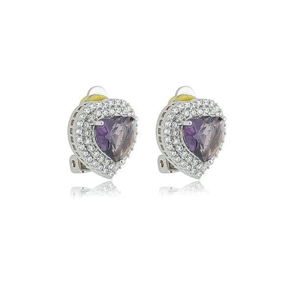 Brinco pressão coração zircônia roxo ródio semijoia 18272