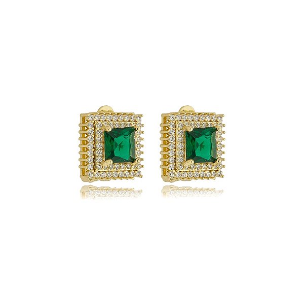 Brinco pressão quadrado zircônia esmeralda ouro semijoia 18583