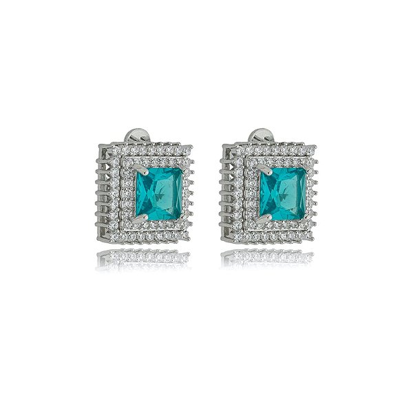 Brinco pressão quadrado zircônia azul claro ródio semijoia 18583