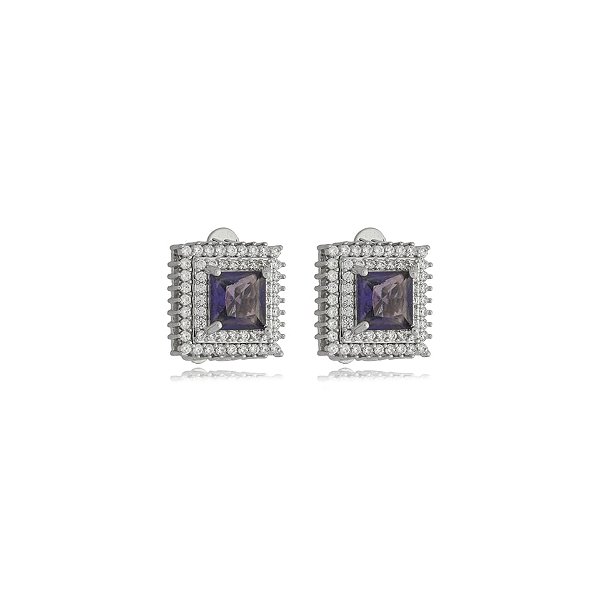 Brinco pressão quadrado zircônia roxo ródio semijoia 18583