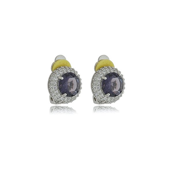 Brinco pressão redondo zircônia roxo ródio semijoia 18258