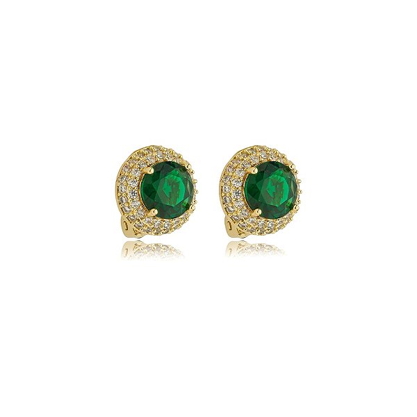 Brinco pressão redondo zircônia verde esmeralda ouro semijoia 18258