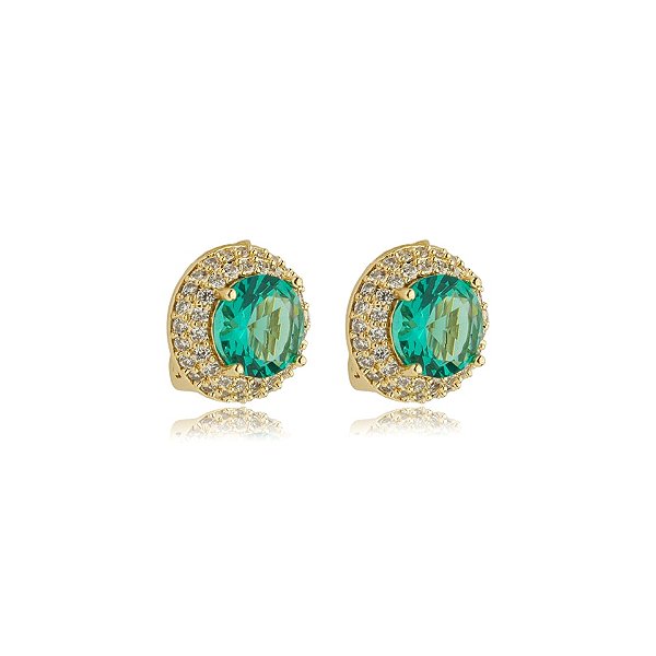 Brinco pressão redondo zircônia verde turmalina ouro semijoia 18258