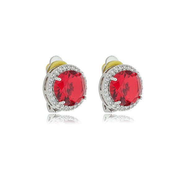 Brinco pressão redondo zircônia vermelho ródio semijoia 18257