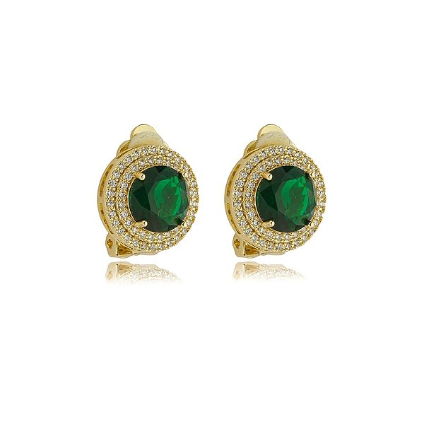 Brinco pressão redondo zircônia verde esmeralda ouro semijoia 18243