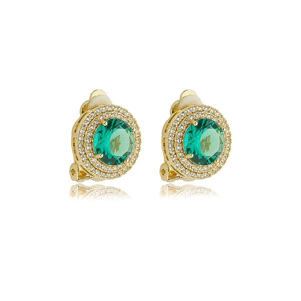 Brinco pressão redondo zircônia verde turmalina ouro semijoia 18243