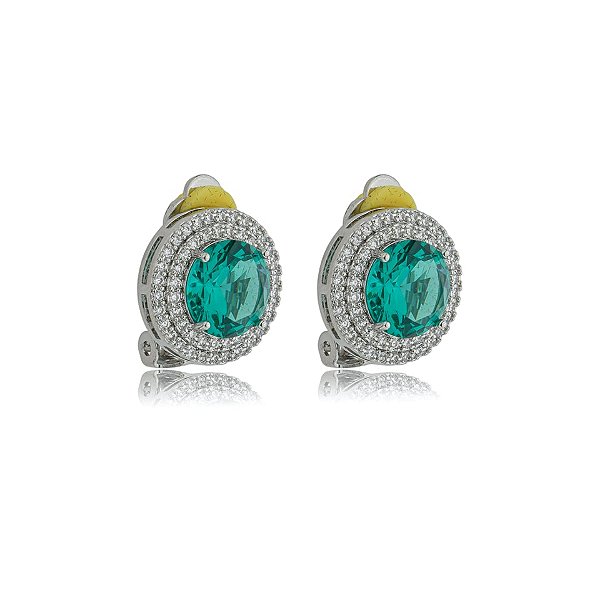Brinco pressão redondo zircônia verde turmalina ródio semijoia 18243