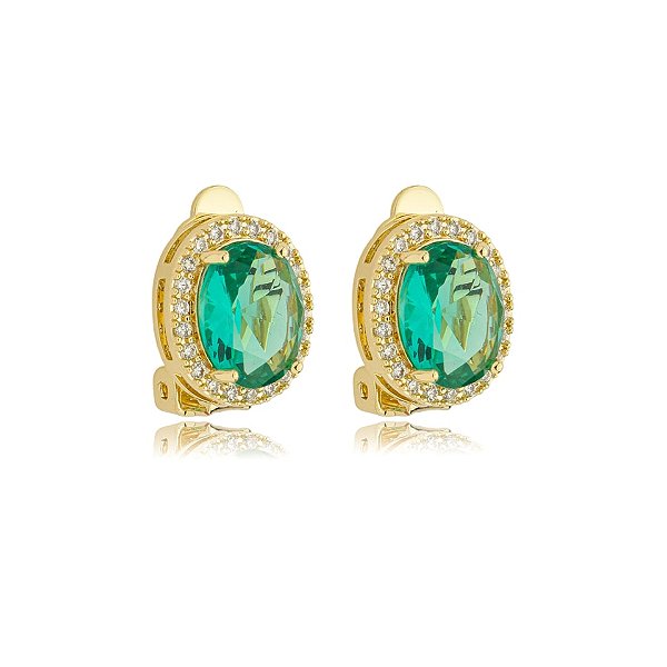 Brinco pressão oval zircônia verde turmalina ouro semijoia 18237