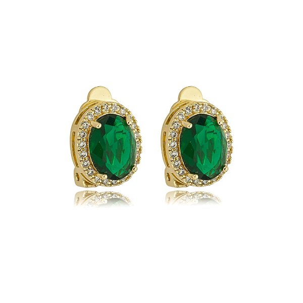 Brinco pressão oval zircônia verde esmeralda ouro semijoia 18237
