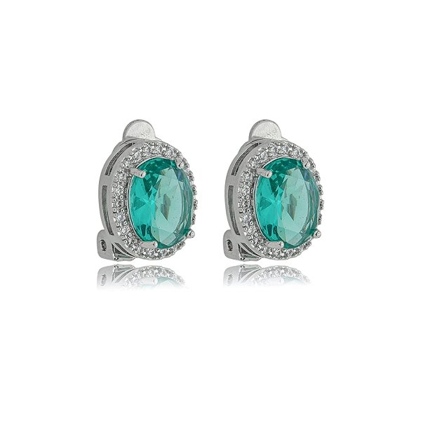 Brinco pressão oval zircônia verde turmalina ródio semijoia 18237