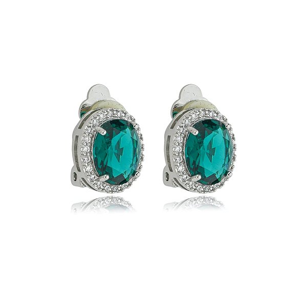 Brinco pressão oval zircônia verde esmeralda ródio semijoia 18237