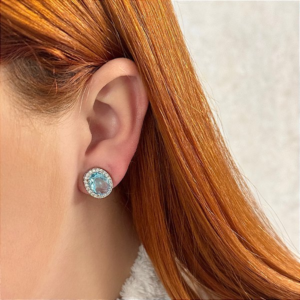 Brinco pressão oval zircônia azul claro ródio semijoia 18237