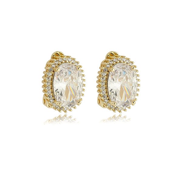 Brinco pressão oval zircônia ouro semijoia 18280