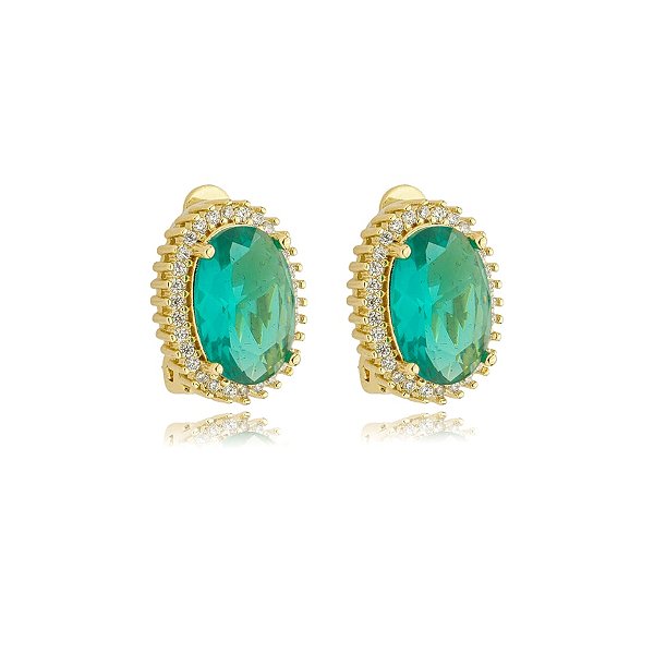 Brinco pressão oval zircônia verde turmalina ouro semijoia 18280