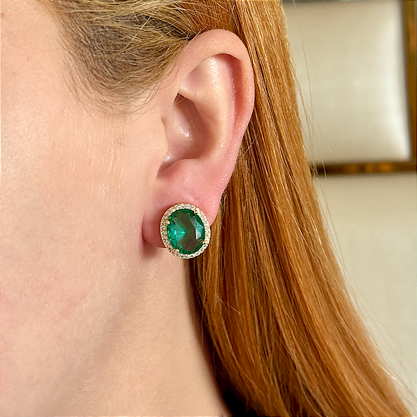 Brinco pressão oval zircônia verde turmalina ouro semijoia 18255