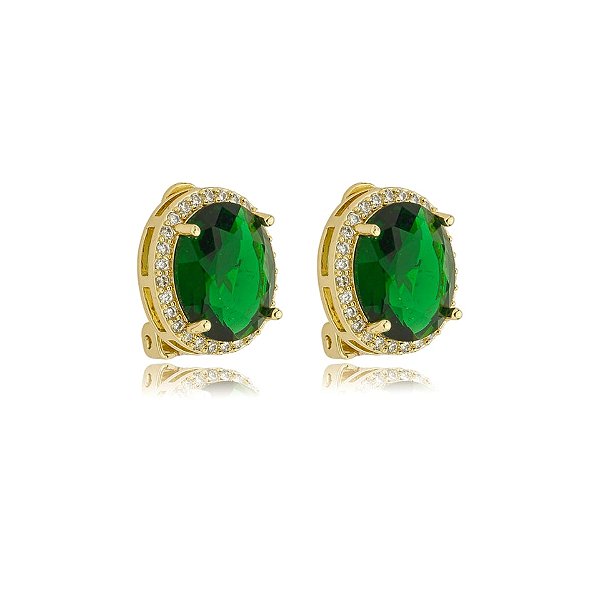 Brinco pressão oval zircônia verde esmeralda ouro semijoia 18255