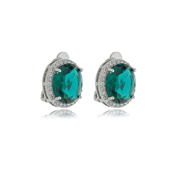 Brinco pressão oval zircônia verde esmeralda ródio semijoia 18255