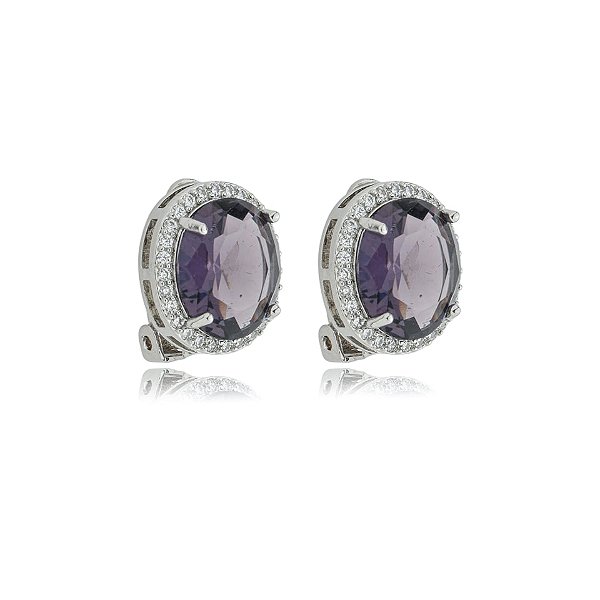 Brinco pressão oval zircônia roxo ródio semijoia 18255