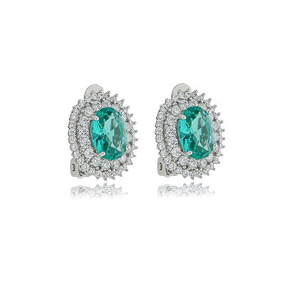 Brinco pressão oval zircônia verde turmalina ródio semijoia 18266