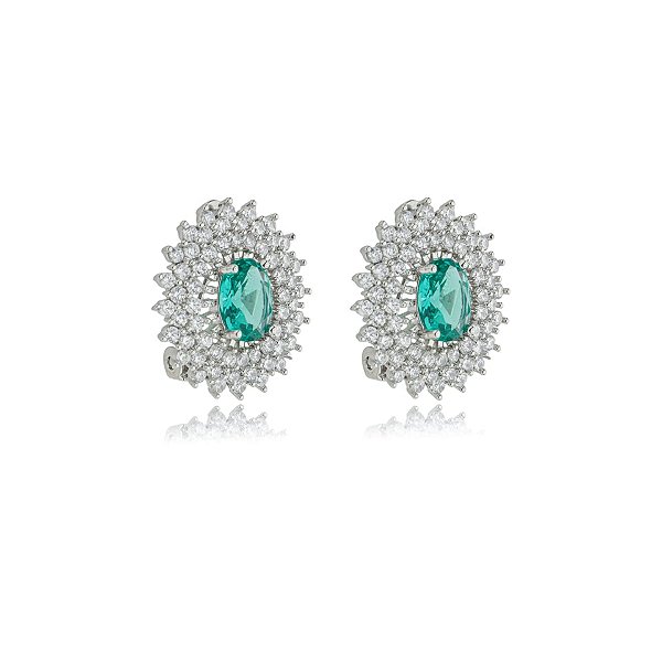 Brinco pressão oval zircônia verde turmalina ródio semijoia 18275