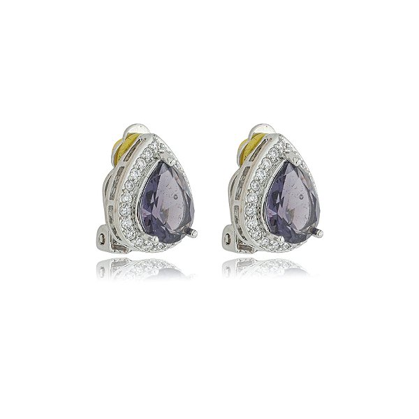 Brinco pressão gota zircônia roxo ródio semijoia 18284