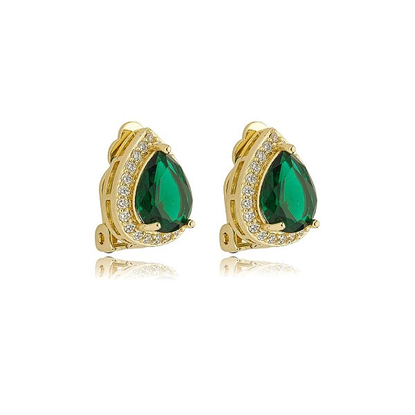 Brinco pressão gota zircônia verde esmeralda ouro semijoia 18286