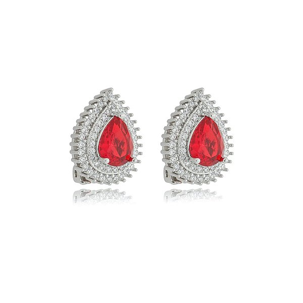 Brinco pressão gota zircônia vermelho ródio semijoia 18282