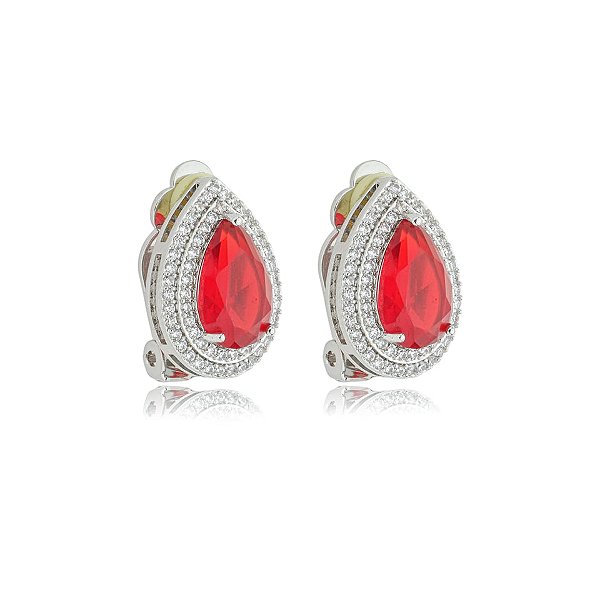 Brinco pressão gota zircônia vermelho ródio semijoia 18259