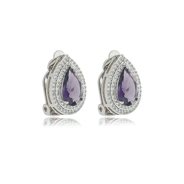 Brinco pressão gota zircônia roxo ródio semijoia 18259