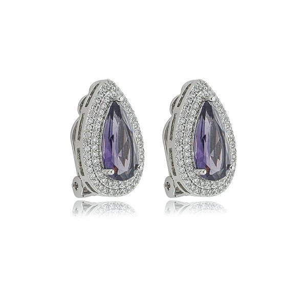 Brinco pressão gota alongada zircônia roxo ródio semijoia 18281