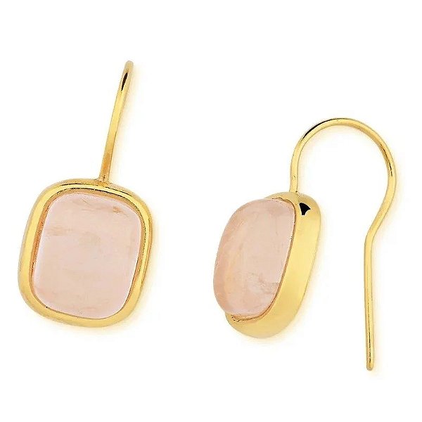 Brinco gancho retangular pedra natural quartzo rosa ouro semijoia