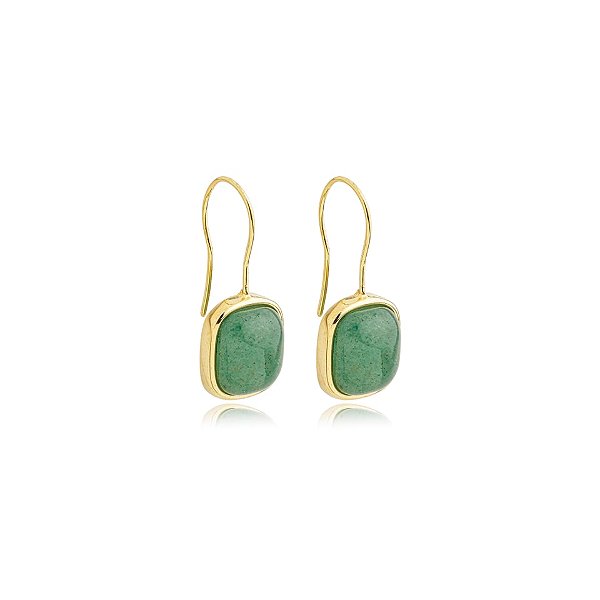 Brinco gancho retangular pedra natural quartzo verde ouro semijoia