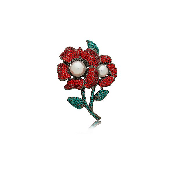 Broche flores cristais verde e vermelho pérola ródio negro semijoia