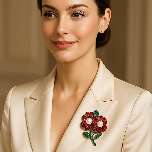 Broche flores cristais verde e vermelho pérola ródio negro semijoia